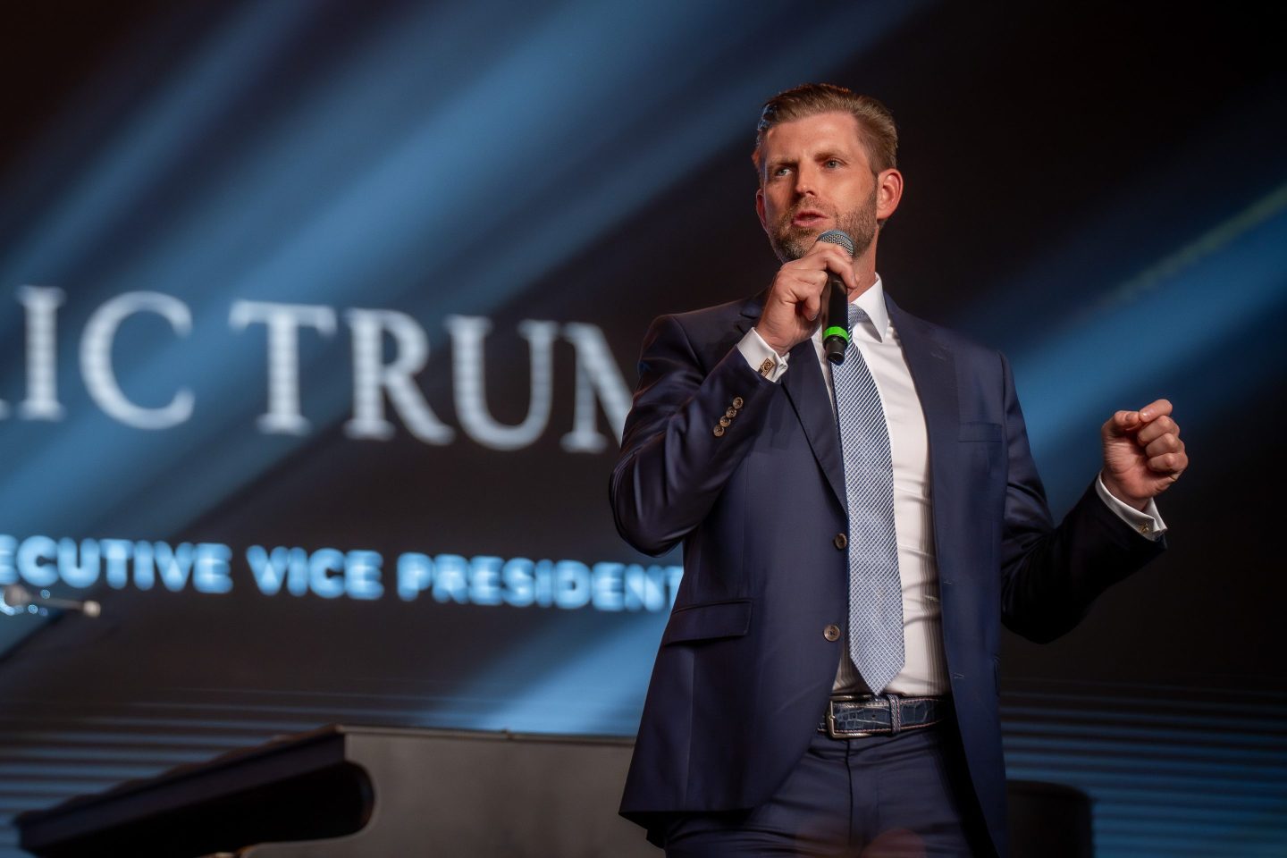DUBAI, UNITED ARAB EMIRATES - 2025/04/28: Eric Trump, son of former U.S. President Donald Trump, speaks at the launch of the Trump International Hotel and Tower in Dubai. (Photo by Nicolas Briquet/SOPA Images/LightRocket via Getty Images)